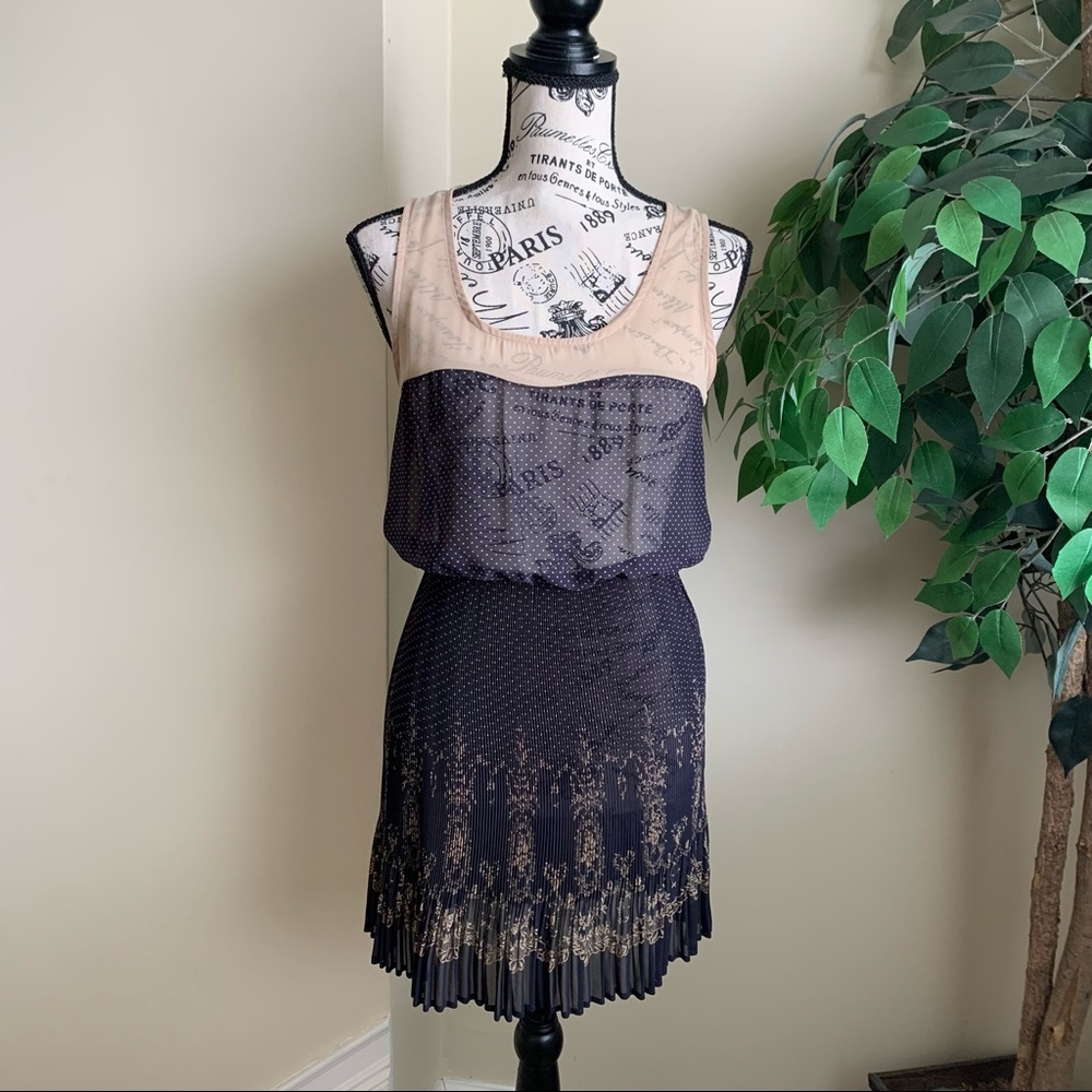 Lulu’s Polka Dot Sleeveless Sheer Pleated Dress Tan Sz S